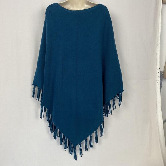 J Jill Sweater Poncho Womens XL 1X 2X 3X Teal Blue Fringe Jewel Tone Cozy NEW - Picture 4 of 11